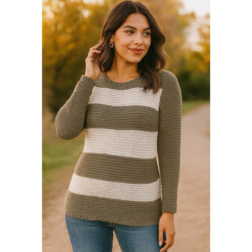 CHICOS Green White Striped Metallic Knit Color Block Sweater Size 1 Medium US 8